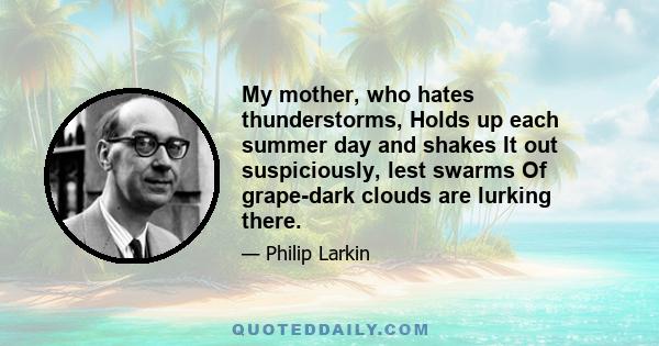 My mother, who hates thunderstorms, Holds up each summer day and shakes It out suspiciously, lest swarms Of grape-dark clouds are lurking there.