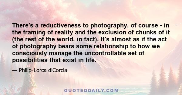 There's a reductiveness to photography, of course - in the framing of reality and the exclusion of chunks of it (the rest of the world, in fact). It's almost as if the act of photography bears some relationship to how