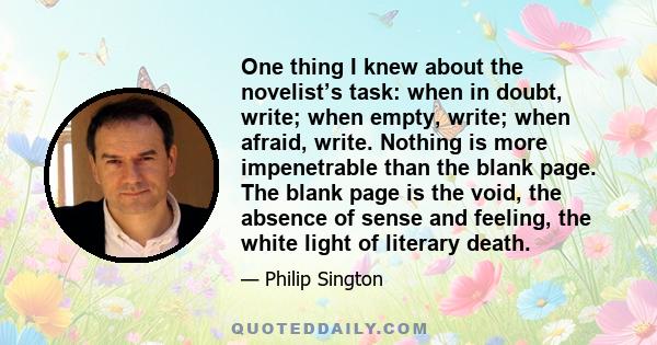 One thing I knew about the novelist’s task: when in doubt, write; when empty, write; when afraid, write. Nothing is more impenetrable than the blank page. The blank page is the void, the absence of sense and feeling,