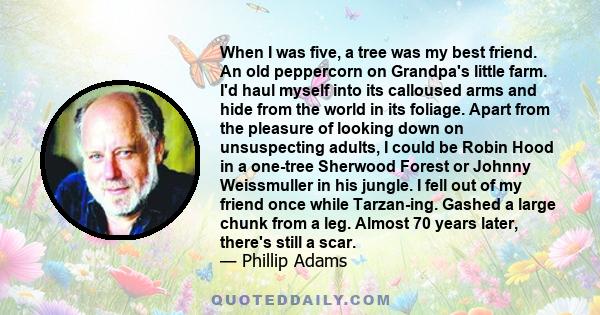 When I was five, a tree was my best friend. An old peppercorn on Grandpa's little farm. I'd haul myself into its calloused arms and hide from the world in its foliage. Apart from the pleasure of looking down on