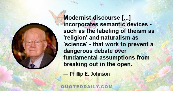 Modernist discourse [...] incorporates semantic devices - such as the labeling of theism as 'religion' and naturalism as 'science' - that work to prevent a dangerous debate over fundamental assumptions from breaking out 