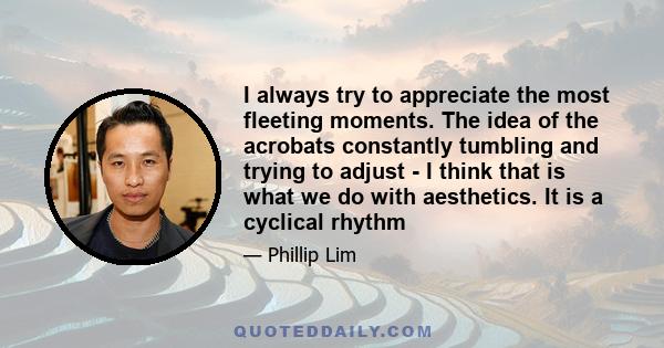 I always try to appreciate the most fleeting moments. The idea of the acrobats constantly tumbling and trying to adjust - I think that is what we do with aesthetics. It is a cyclical rhythm