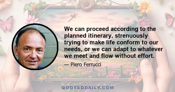 We can proceed according to the planned itinerary, strenuously trying to make life conform to our needs, or we can adapt to whatever we meet and flow without effort.