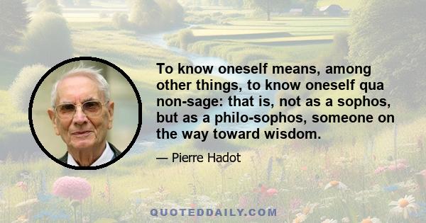 To know oneself means, among other things, to know oneself qua non-sage: that is, not as a sophos, but as a philo-sophos, someone on the way toward wisdom.