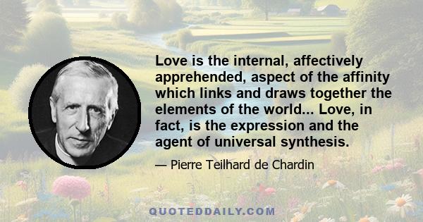 Love is the internal, affectively apprehended, aspect of the affinity which links and draws together the elements of the world... Love, in fact, is the expression and the agent of universal synthesis.