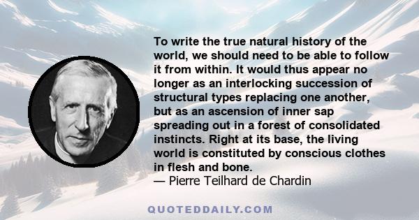 To write the true natural history of the world, we should need to be able to follow it from within. It would thus appear no longer as an interlocking succession of structural types replacing one another, but as an