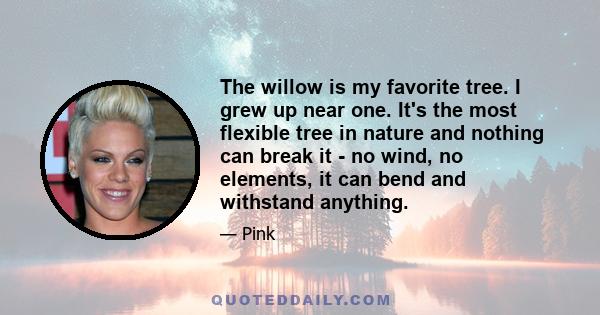 The willow is my favorite tree. I grew up near one. It's the most flexible tree in nature and nothing can break it - no wind, no elements, it can bend and withstand anything.