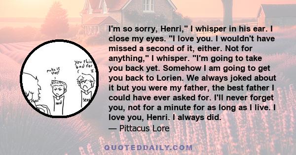 I'm so sorry, Henri, I whisper in his ear. I close my eyes. I love you. I wouldn't have missed a second of it, either. Not for anything, I whisper. I'm going to take you back yet. Somehow I am going to get you back to