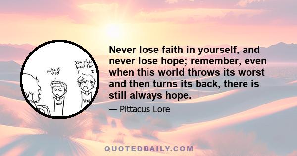 Never lose faith in yourself, and never lose hope; remember, even when this world throws its worst and then turns its back, there is still always hope.