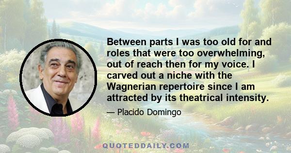 Between parts I was too old for and roles that were too overwhelming, out of reach then for my voice. I carved out a niche with the Wagnerian repertoire since I am attracted by its theatrical intensity.