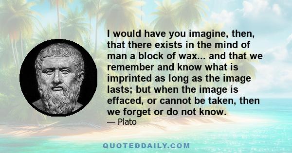 I would have you imagine, then, that there exists in the mind of man a block of wax... and that we remember and know what is imprinted as long as the image lasts; but when the image is effaced, or cannot be taken, then