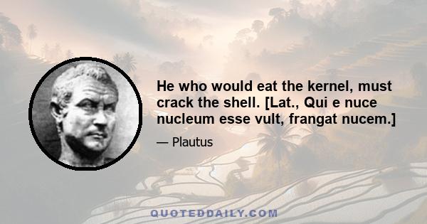 He who would eat the kernel, must crack the shell. [Lat., Qui e nuce nucleum esse vult, frangat nucem.]