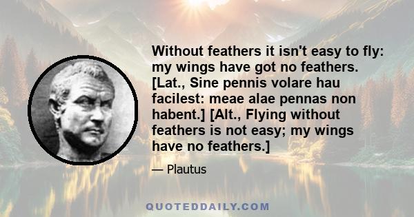 Without feathers it isn't easy to fly: my wings have got no feathers. [Lat., Sine pennis volare hau facilest: meae alae pennas non habent.] [Alt., Flying without feathers is not easy; my wings have no feathers.]