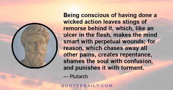 Being conscious of having done a wicked action leaves stings of remorse behind it, which, like an ulcer in the flesh, makes the mind smart with perpetual wounds; for reason, which chases away all other pains, creates