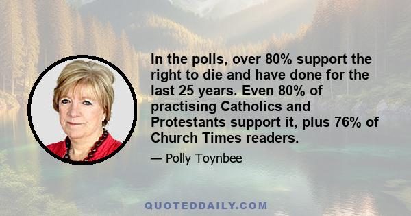 In the polls, over 80% support the right to die and have done for the last 25 years. Even 80% of practising Catholics and Protestants support it, plus 76% of Church Times readers.