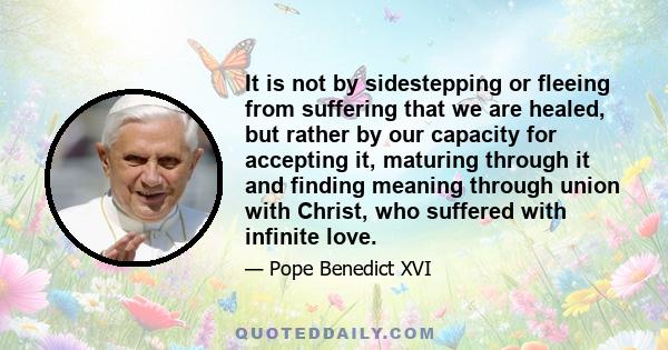 It is not by sidestepping or fleeing from suffering that we are healed, but rather by our capacity for accepting it, maturing through it and finding meaning through union with Christ, who suffered with infinite love.