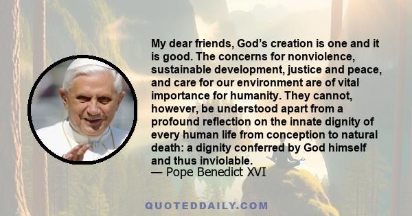 My dear friends, God’s creation is one and it is good. The concerns for nonviolence, sustainable development, justice and peace, and care for our environment are of vital importance for humanity. They cannot, however,