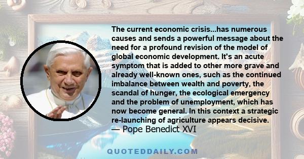 The current economic crisis...has numerous causes and sends a powerful message about the need for a profound revision of the model of global economic development. It's an acute symptom that is added to other more grave