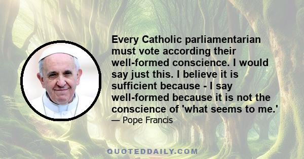 Every Catholic parliamentarian must vote according their well-formed conscience. I would say just this. I believe it is sufficient because - I say well-formed because it is not the conscience of 'what seems to me.'