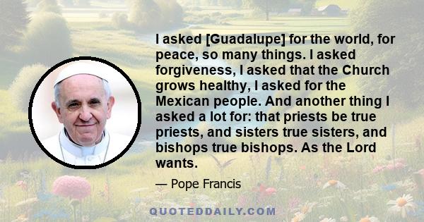 I asked [Guadalupe] for the world, for peace, so many things. I asked forgiveness, I asked that the Church grows healthy, I asked for the Mexican people. And another thing I asked a lot for: that priests be true