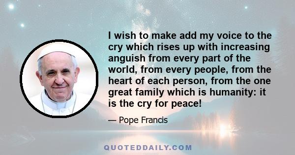 I wish to make add my voice to the cry which rises up with increasing anguish from every part of the world, from every people, from the heart of each person, from the one great family which is humanity: it is the cry