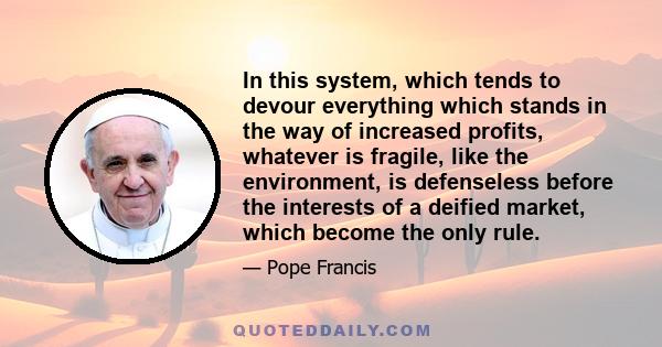 In this system, which tends to devour everything which stands in the way of increased profits, whatever is fragile, like the environment, is defenseless before the interests of a deified market, which become the only