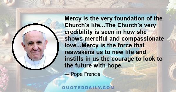 Mercy is the very foundation of the Church's life...The Church's very credibility is seen in how she shows merciful and compassionate love...Mercy is the force that reawakens us to new life and instills in us the