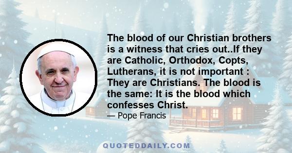 The blood of our Christian brothers is a witness that cries out..If they are Catholic, Orthodox, Copts, Lutherans, it is not important : They are Christians. The blood is the same: It is the blood which confesses Christ.