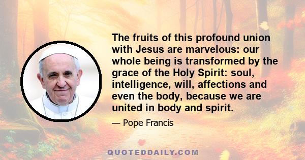 The fruits of this profound union with Jesus are marvelous: our whole being is transformed by the grace of the Holy Spirit: soul, intelligence, will, affections and even the body, because we are united in body and