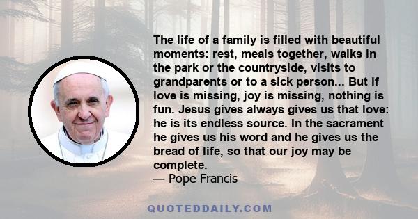 The life of a family is filled with beautiful moments: rest, meals together, walks in the park or the countryside, visits to grandparents or to a sick person... But if love is missing, joy is missing, nothing is fun.