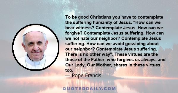 To be good Christians you have to contemplate the suffering humanity of Jesus. How can we bear witness? Contemplate Jesus. How can we forgive? Contemplate Jesus suffering. How can we not hate our neighbor? Contemplate