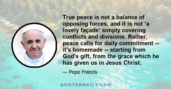 True peace is not a balance of opposing forces, and it is not ‘a lovely façade’ simply covering conflicts and divisions. Rather, peace calls for daily commitment -- it's homemade -- starting from God's gift, from the