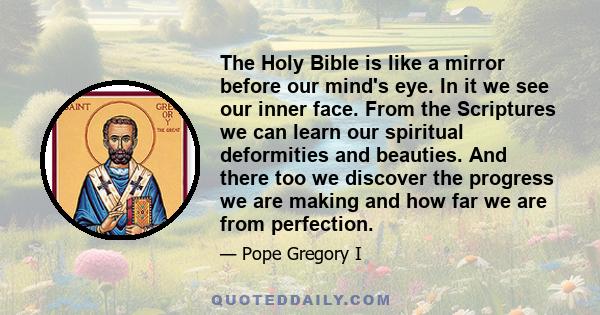 The Holy Bible is like a mirror before our mind's eye. In it we see our inner face. From the Scriptures we can learn our spiritual deformities and beauties. And there too we discover the progress we are making and how