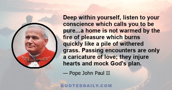 Deep within yourself, listen to your conscience which calls you to be pure...a home is not warmed by the fire of pleasure which burns quickly like a pile of withered grass. Passing encounters are only a caricature of