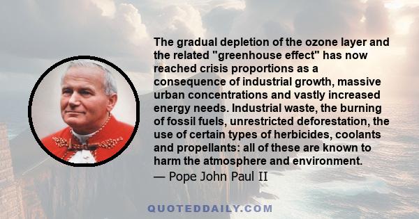 The gradual depletion of the ozone layer and the related greenhouse effect has now reached crisis proportions as a consequence of industrial growth, massive urban concentrations and vastly increased energy needs.