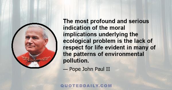 The most profound and serious indication of the moral implications underlying the ecological problem is the lack of respect for life evident in many of the patterns of environmental pollution.