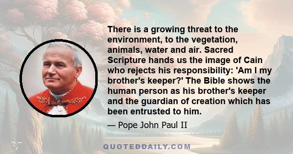 There is a growing threat to the environment, to the vegetation, animals, water and air. Sacred Scripture hands us the image of Cain who rejects his responsibility: 'Am I my brother's keeper?' The Bible shows the human