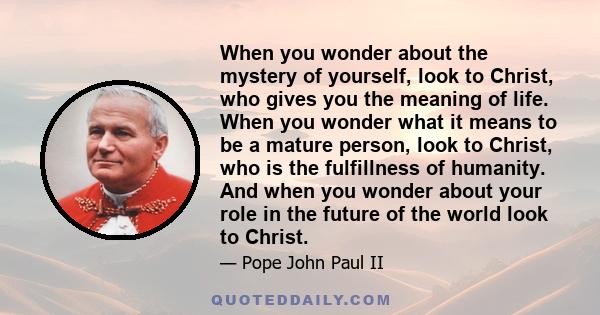 When you wonder about the mystery of yourself, look to Christ, who gives you the meaning of life. When you wonder what it means to be a mature person, look to Christ, who is the fulfillness of humanity. And when you