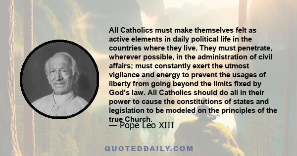 All Catholics must make themselves felt as active elements in daily political life in the countries where they live. They must penetrate, wherever possible, in the administration of civil affairs; must constantly exert