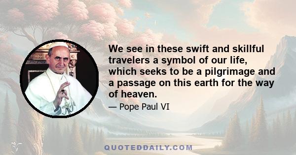 We see in these swift and skillful travelers a symbol of our life, which seeks to be a pilgrimage and a passage on this earth for the way of heaven.