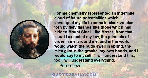 For me chemistry represented an indefinite cloud of future potentialities which enveloped my life to come in black volutes torn by fiery flashes, like those which had hidden Mount Sinai. Like Moses, from that cloud I