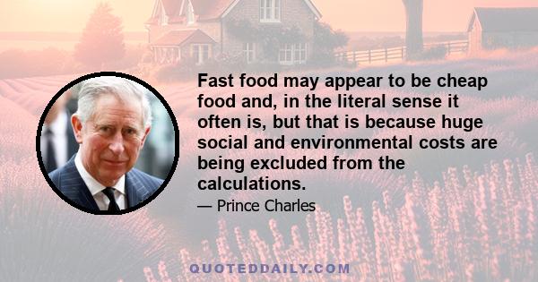 Fast food may appear to be cheap food and, in the literal sense it often is, but that is because huge social and environmental costs are being excluded from the calculations. Any analysis of the real cost would have to