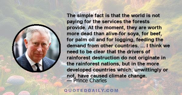 The simple fact is that the world is not paying for the services the forests provide. At the moment, they are worth more dead than alive-for soya, for beef, for palm oil and for logging, feeding the demand from other