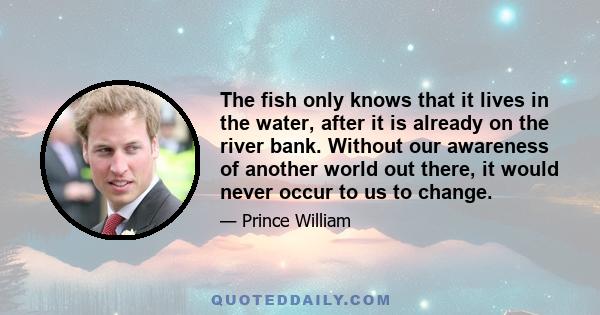 The fish only knows that it lives in the water, after it is already on the river bank. Without our awareness of another world out there, it would never occur to us to change.