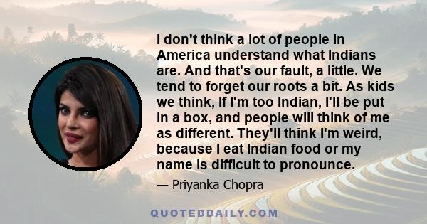 I don't think a lot of people in America understand what Indians are. And that's our fault, a little. We tend to forget our roots a bit. As kids we think, If I'm too Indian, I'll be put in a box, and people will think