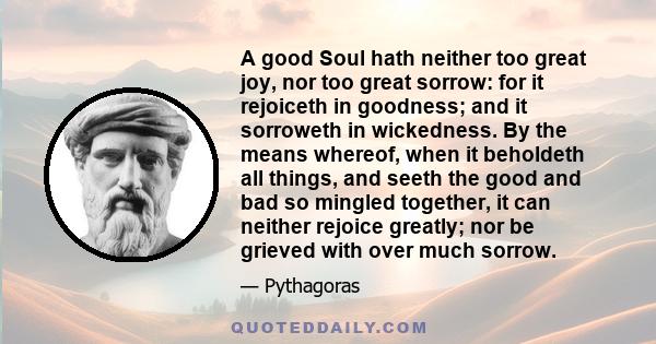 A good Soul hath neither too great joy, nor too great sorrow: for it rejoiceth in goodness; and it sorroweth in wickedness. By the means whereof, when it beholdeth all things, and seeth the good and bad so mingled