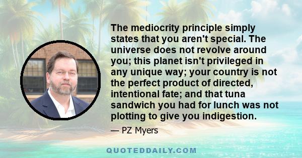 The mediocrity principle simply states that you aren't special. The universe does not revolve around you; this planet isn't privileged in any unique way; your country is not the perfect product of directed, intentional