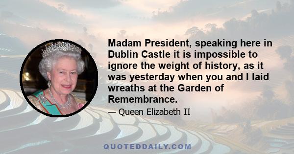 Madam President, speaking here in Dublin Castle it is impossible to ignore the weight of history, as it was yesterday when you and I laid wreaths at the Garden of Remembrance.