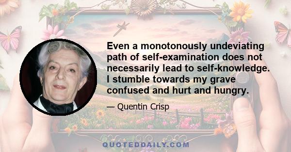 Even a monotonously undeviating path of self-examination does not necessarily lead to self-knowledge. I stumble towards my grave confused and hurt and hungry.