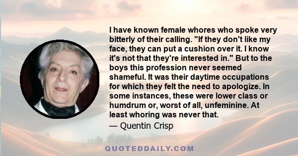 I have known female whores who spoke very bitterly of their calling. If they don't like my face, they can put a cushion over it. I know it's not that they're interested in. But to the boys this profession never seemed